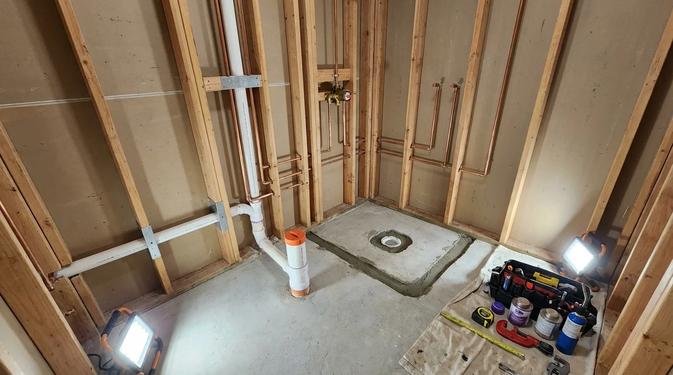 Bathroom rough-in plumbing during remodel by Johns Plumbing LLC in Tampa