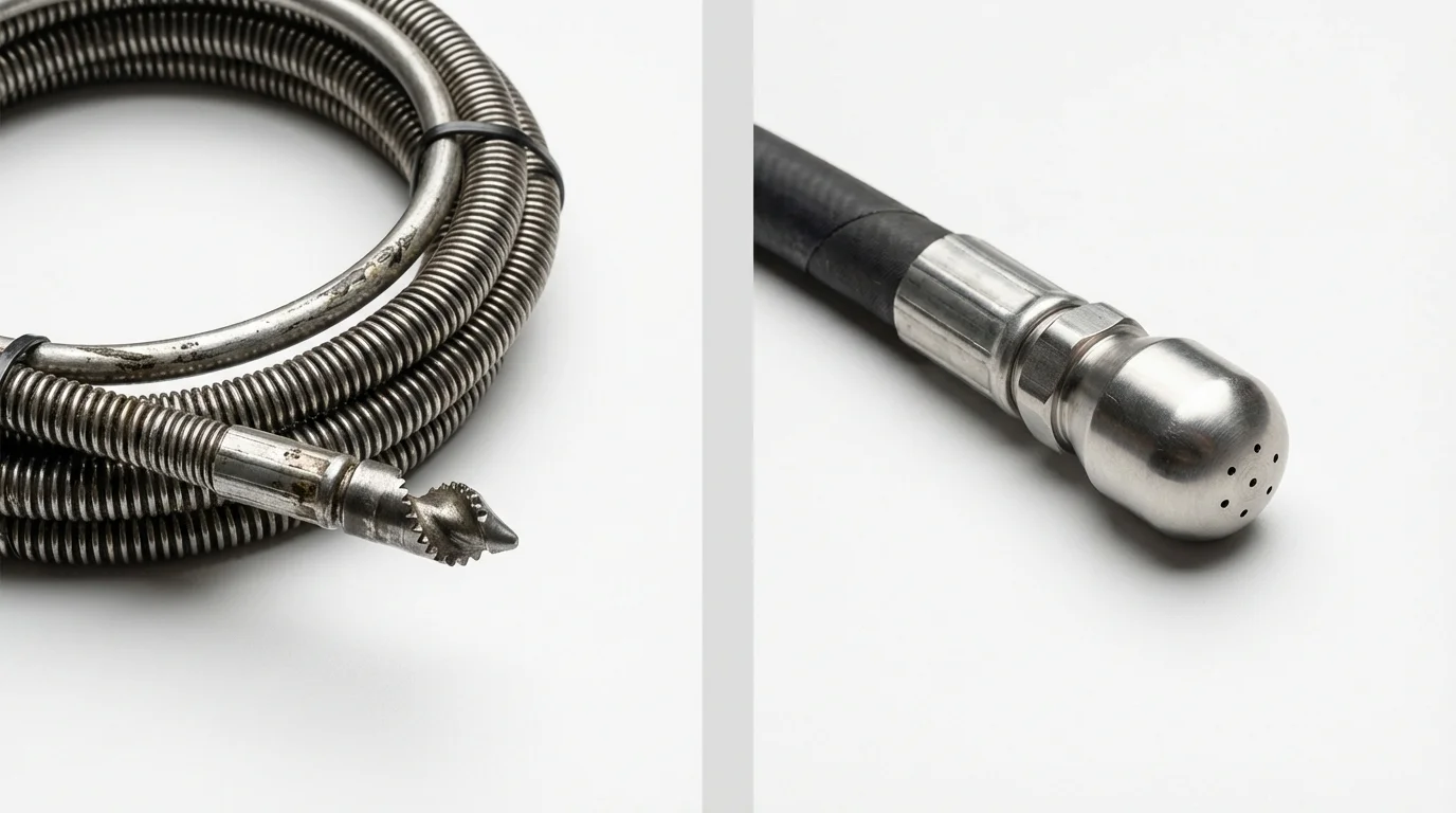 Drain snake cable and hydro jetting nozzle used for drain cleaning in Tampa, FL