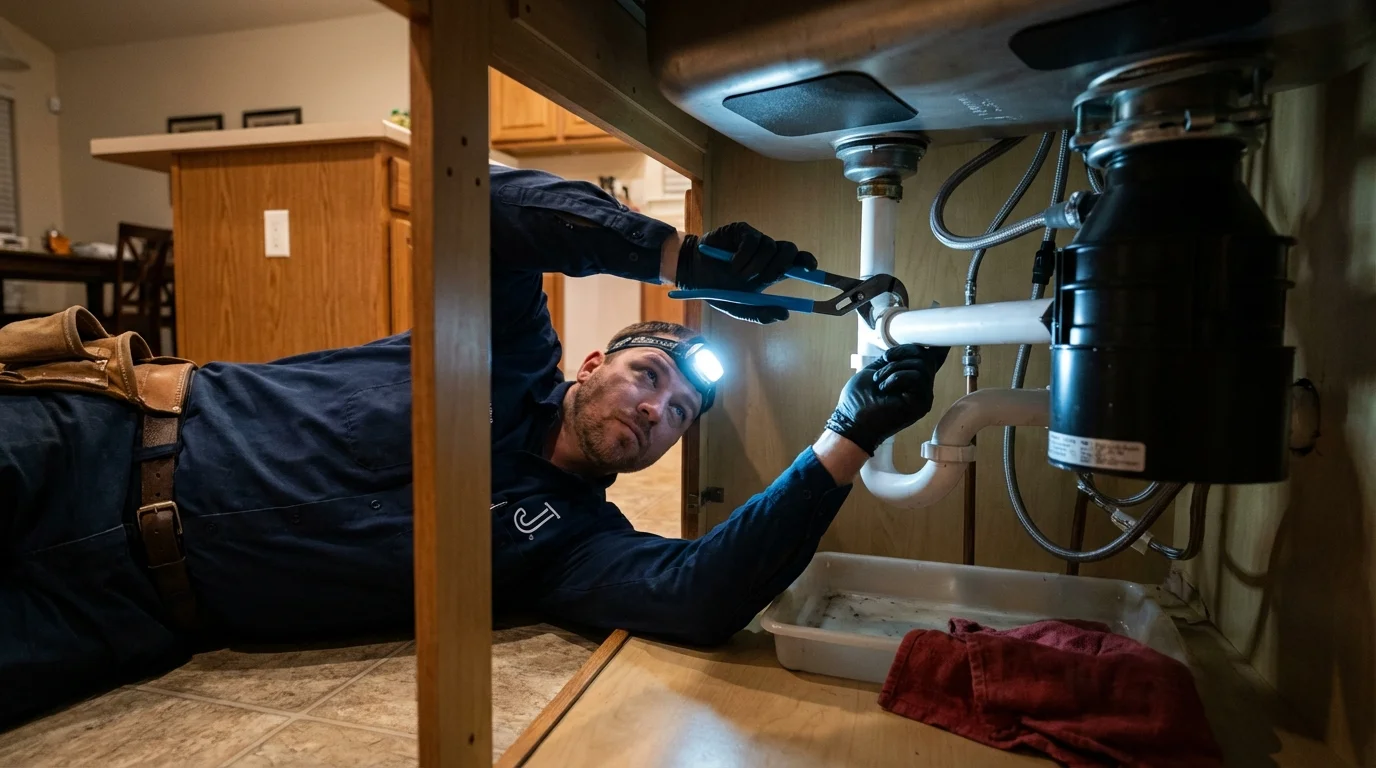 P-trap and supply line connections under a kitchen sink showing a common leak point in Tampa, FL